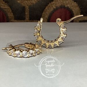 💄💎10K Gold Vermeil Cz Diamond Hoop Earrings Huggies C Hoop Elegant